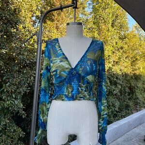 Vintage Y2K Toska Floral Crop Top Smock Waist V-Neck Long Sleeve USA Made Small